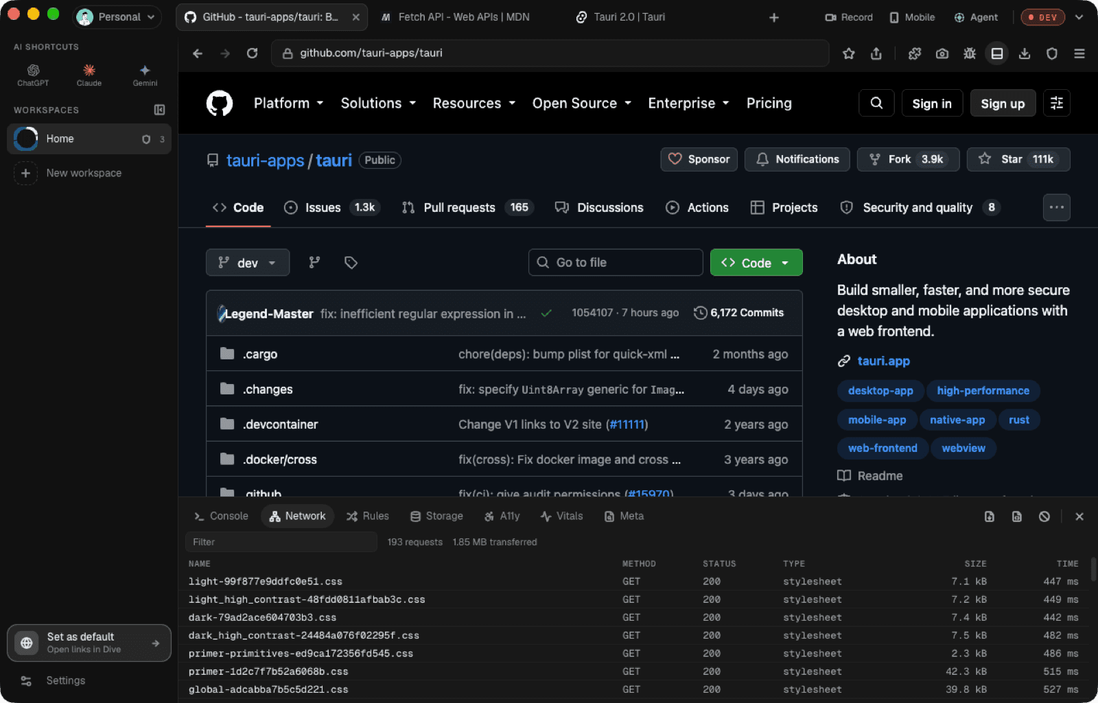 Dive with the Network dock open beside a GitHub repository