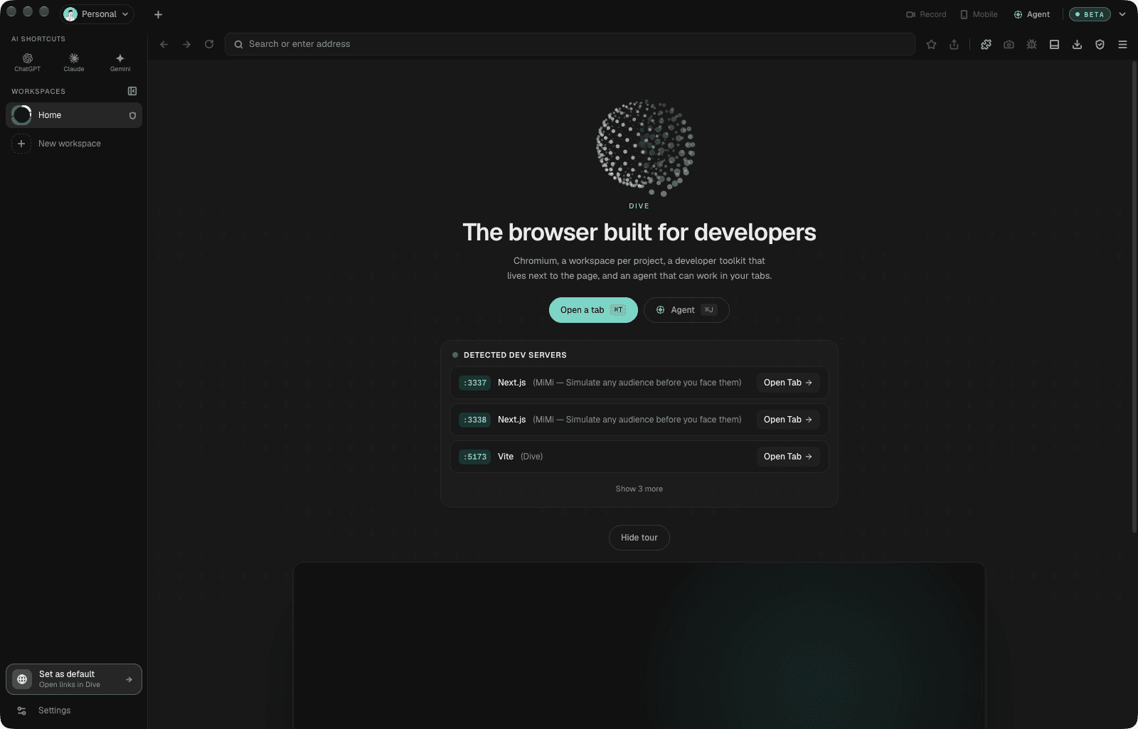 Dive home with detected dev servers ready to open